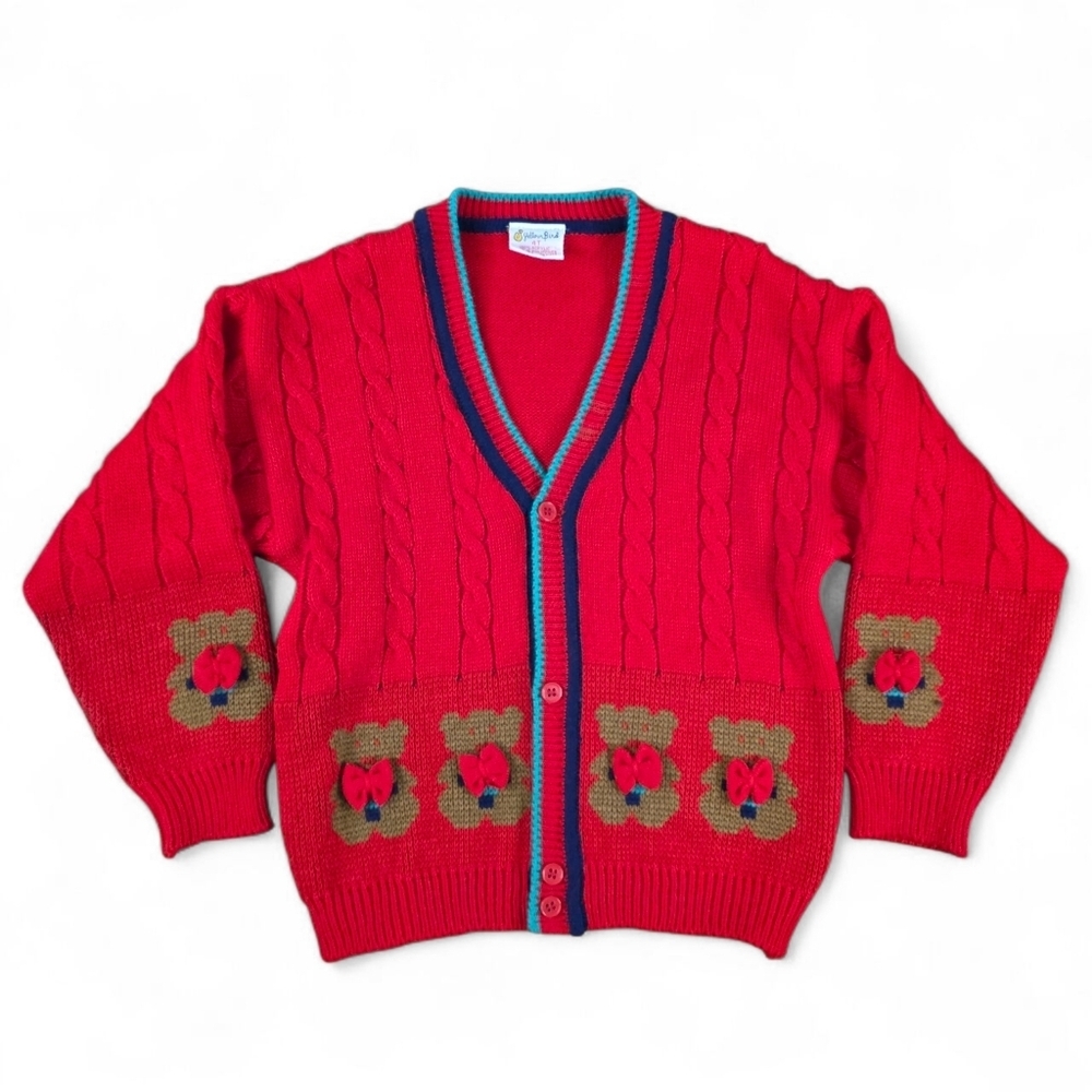 Vintage 90s/Y2K Red Teddy Bear Bow Tie Cable Knit Cardigan Sweater Kids Boys 4T
